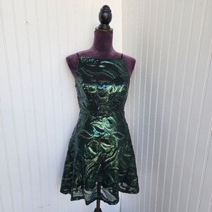 Honey & Rosie Emerald Green Sequin Sleeveless Dress Short Halter Junior's Sz 5